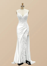 Kristin | Black Prom Dresses Long Mermaid V Neck Lace with High Slit - White - PromDressClub